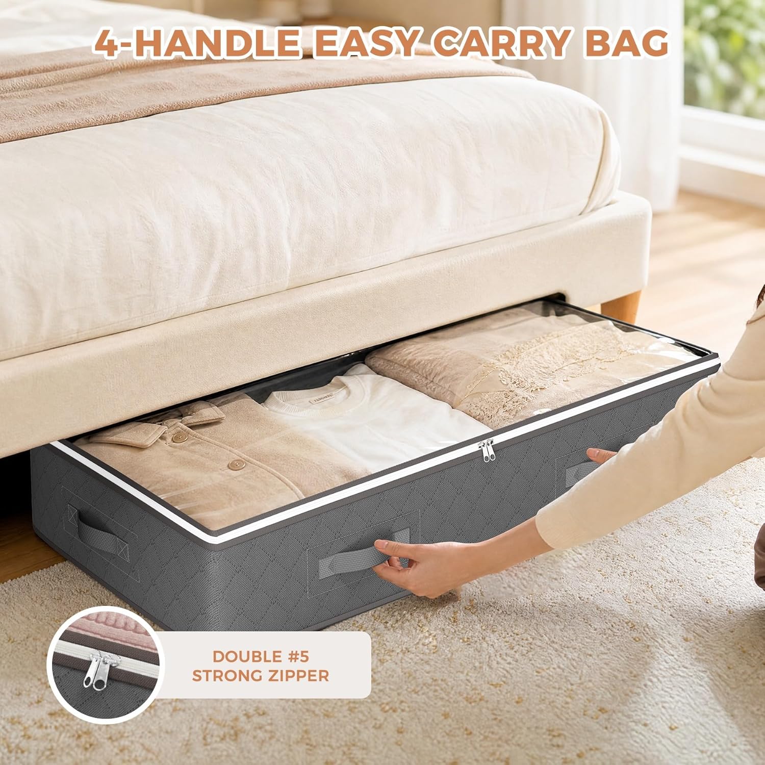 60L Under Bed Storage Containers, Storage Bins with Clear Lids, Foldable Closet Organizers for Clothes, Blankets