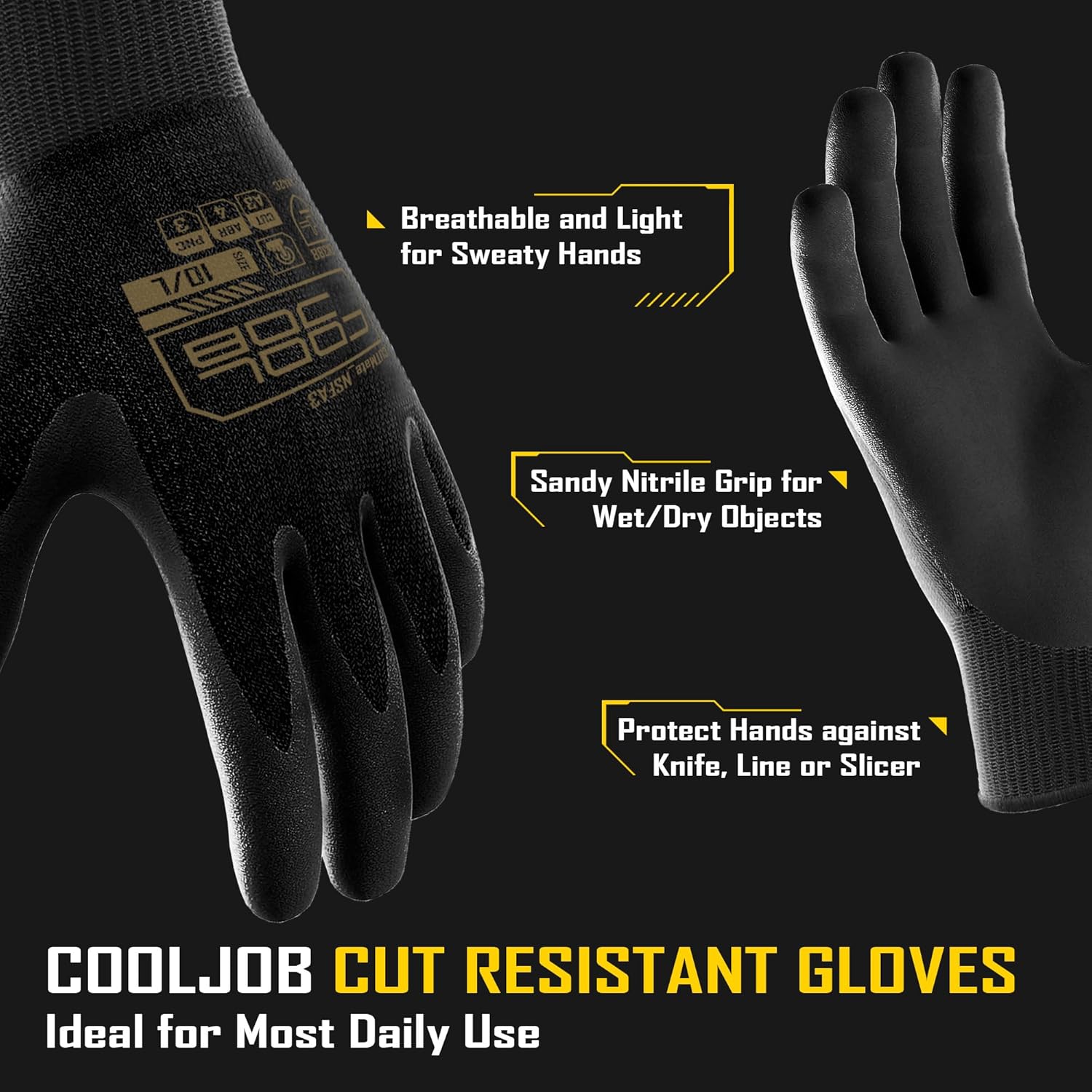 A3 Cut Resistant Safety Work Gloves with Nitrile Grip, Touchscreen & Flexible for Gardening Fishing Construction