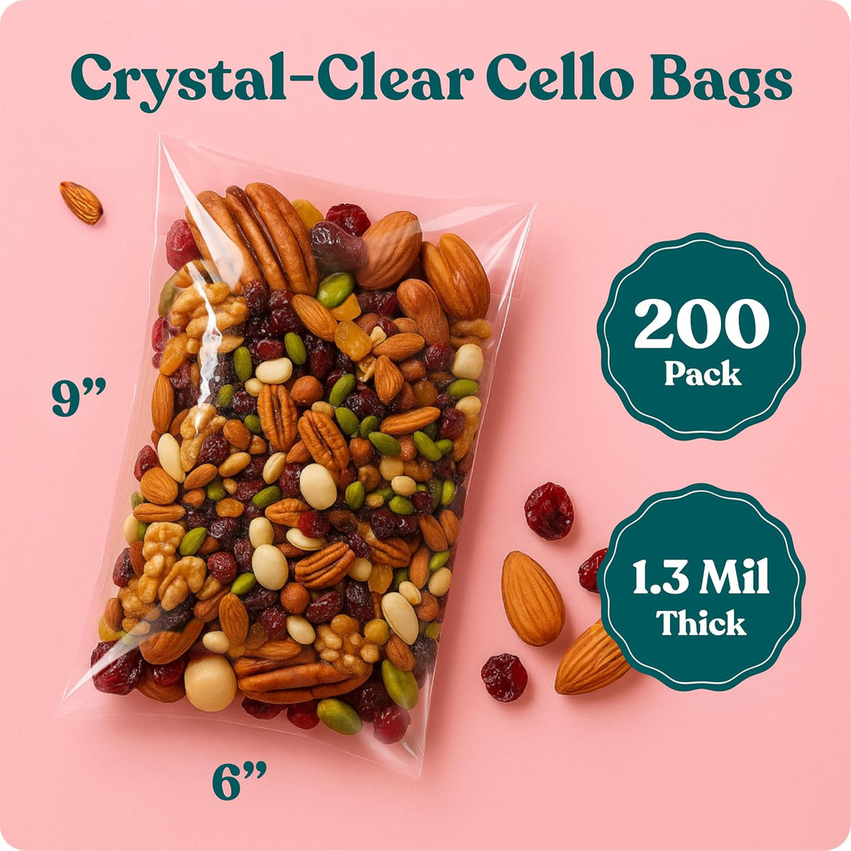 6x9 Self Sealing Cellophane Bags (200 Pack) - Clear Cookie Bags