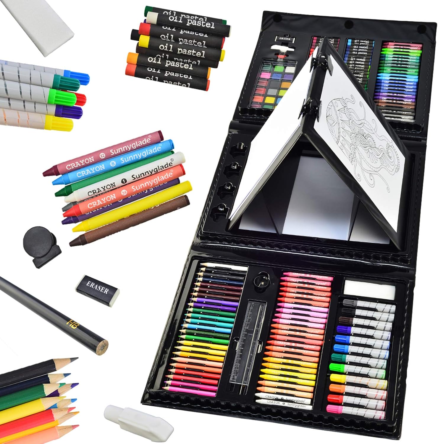 185 Pieces Double Sided Trifold Easel Art Set, Drawing Art Box with Oil Pastels, Crayons, Colored Pencils, Markers