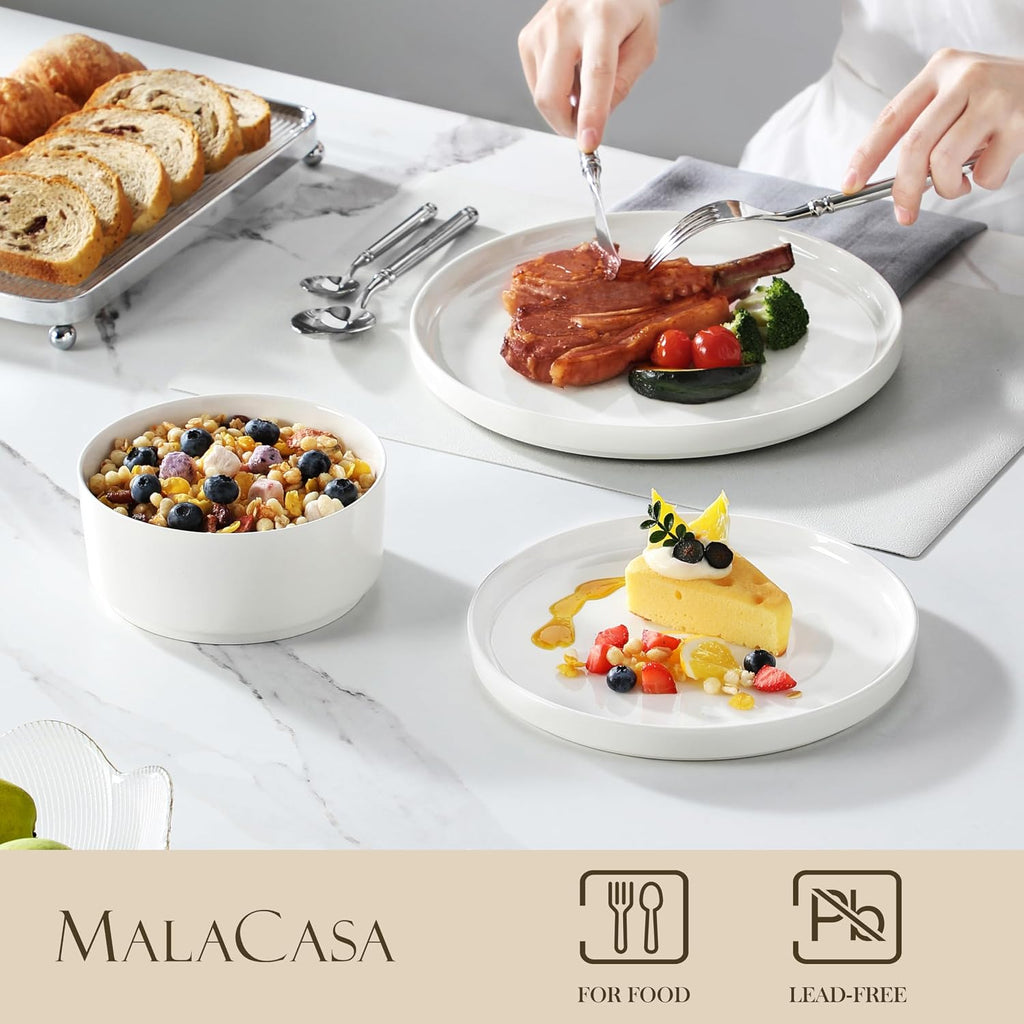 12 Pieces Porcelain Dinnerware Set, Modern White Dish Set for 4, Premium Serving Plates and Bowls Sets, Chip and