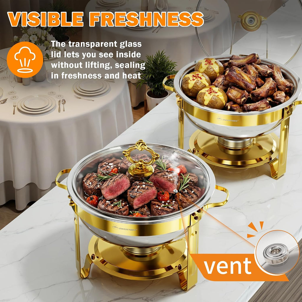 6QT 4 Pack Round Chafing Dishes for Buffet with Glass Lid, Gold | Stainless Steel Chafing Dish Set, Buffet Servers