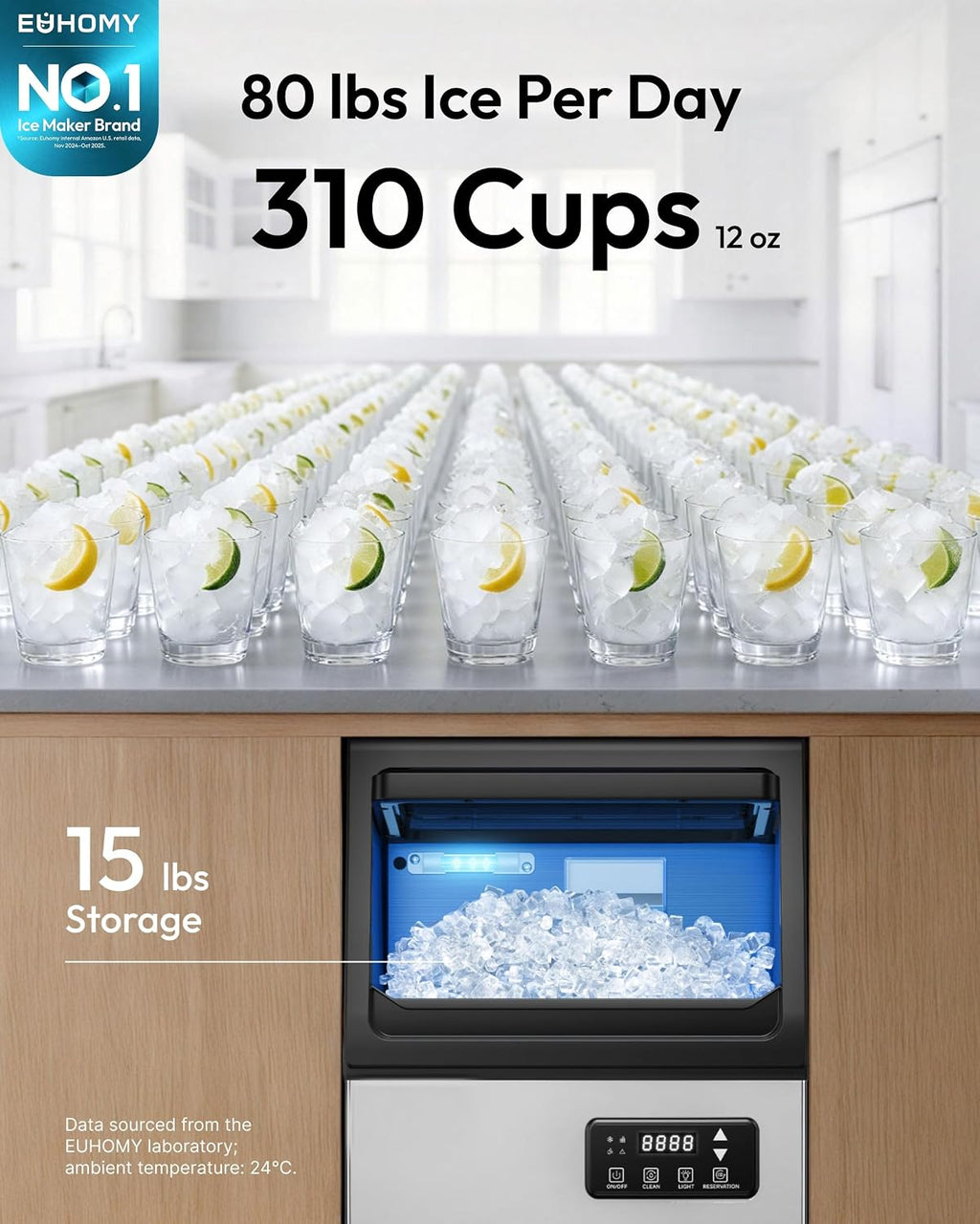 Nugget Ice Maker Machine, 80lbs/24H, Stainless Steel, 15lbs Bin