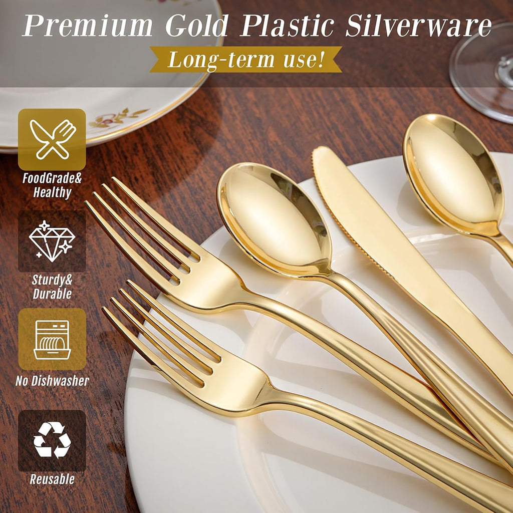 300 Pieces Gold Plastic Silverware - Heavy Duty Disposable Cutlery Set Plastic Gold Silverware Set Includes 100