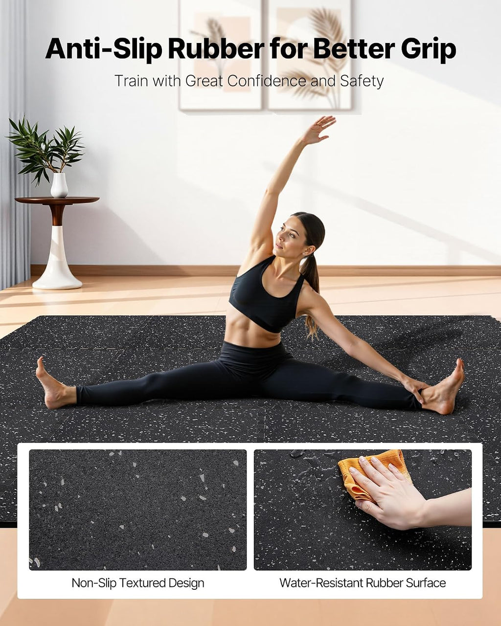 0.4Inch 96sq.ft 24 Tiles Gym Flooring for Home Gym, Rubber Top with High Density EVA Foam, 24 x 24In Gym Floor