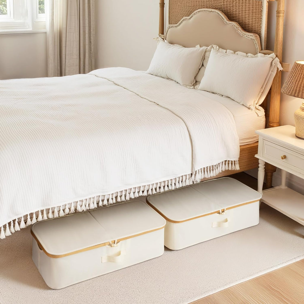 Underbed Storage Containers with Lids, 2-Pack 7" Low Profile Under Bed Storage Box with Bamboo Frame for Clothes