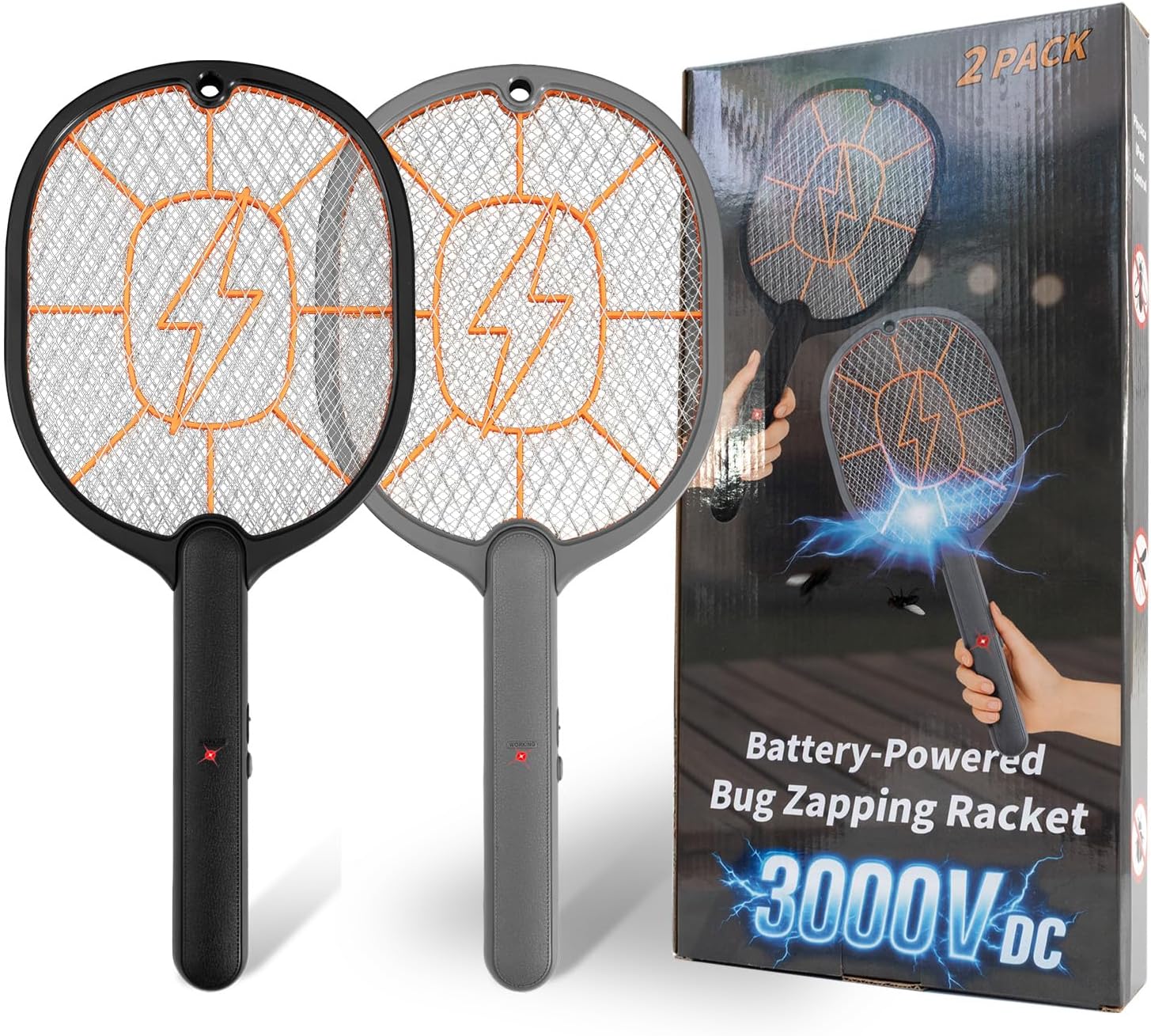 2-Pack Electric Fly Swatter, Black & Gray, AA Battery Operated Bug Zapper Racket for Indoor/Outdoor Use, Mosquito &