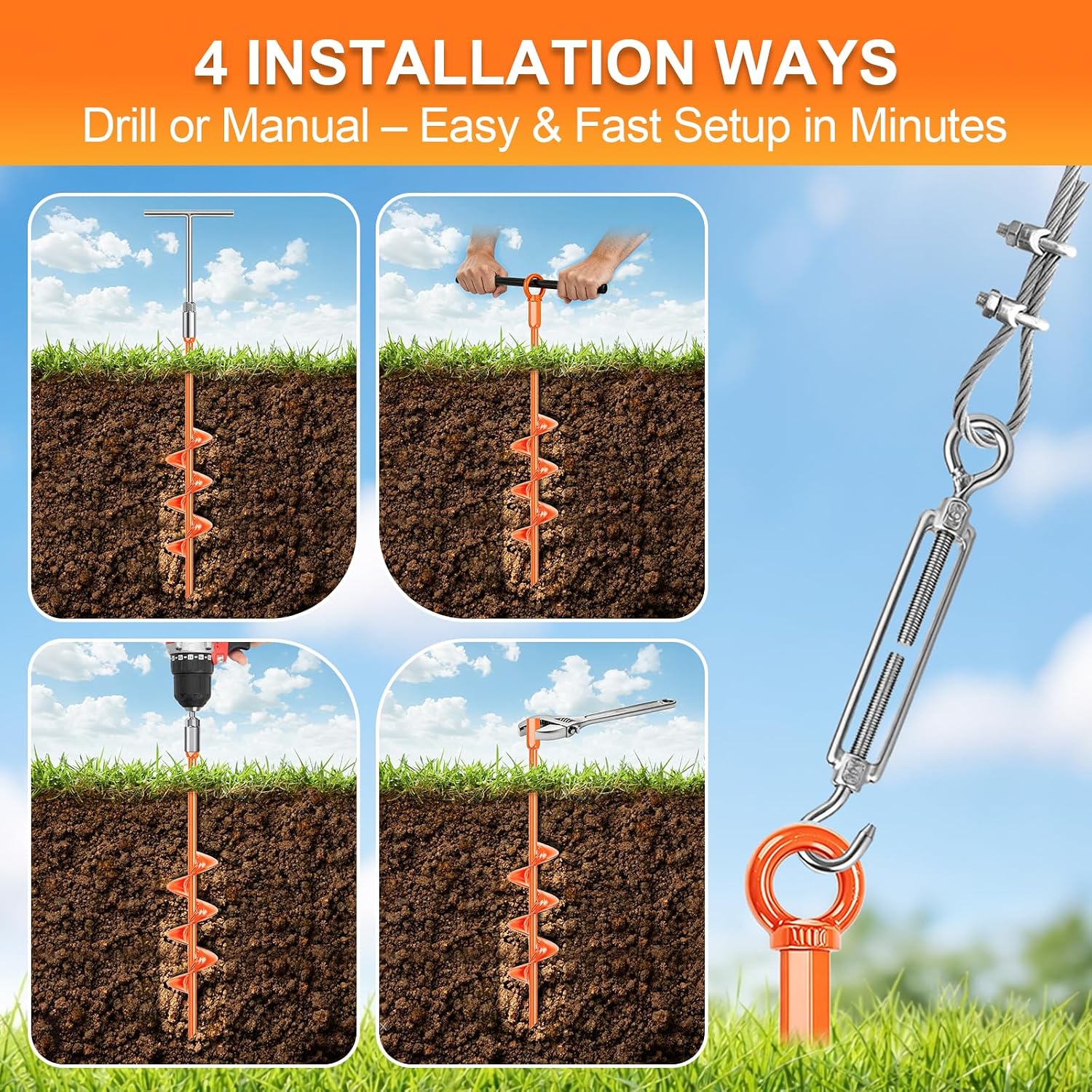 Shed Anchor Kit Heavy Duty Ground Anchors Screw in 18 Inch 4 Pack, Fully Welded Spiral Earth Anchors with Cable