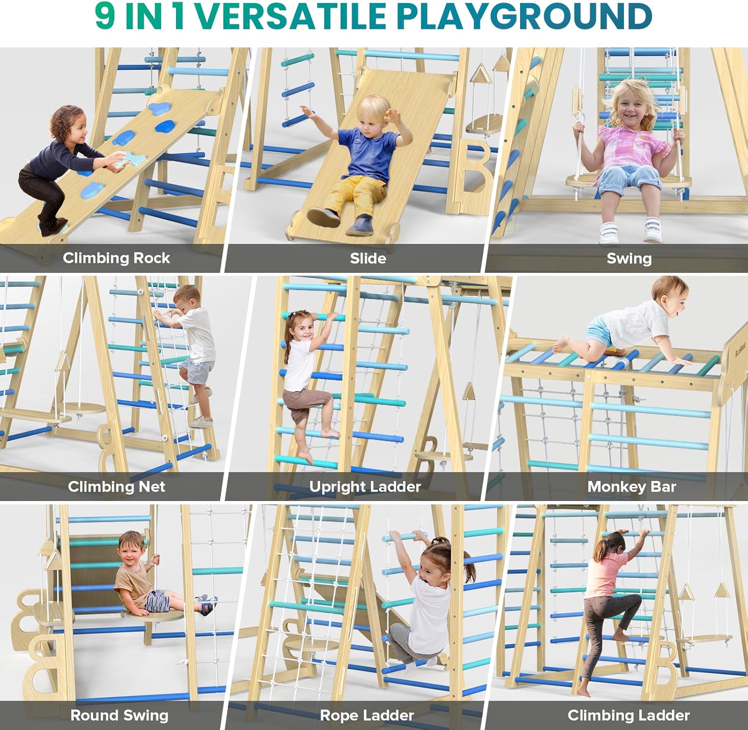 Upgraded Indoor Jungle Gym 9-in-1 Playground Kids Climbing Toys, Waldorf Style Wooden Climber Playset with Slide