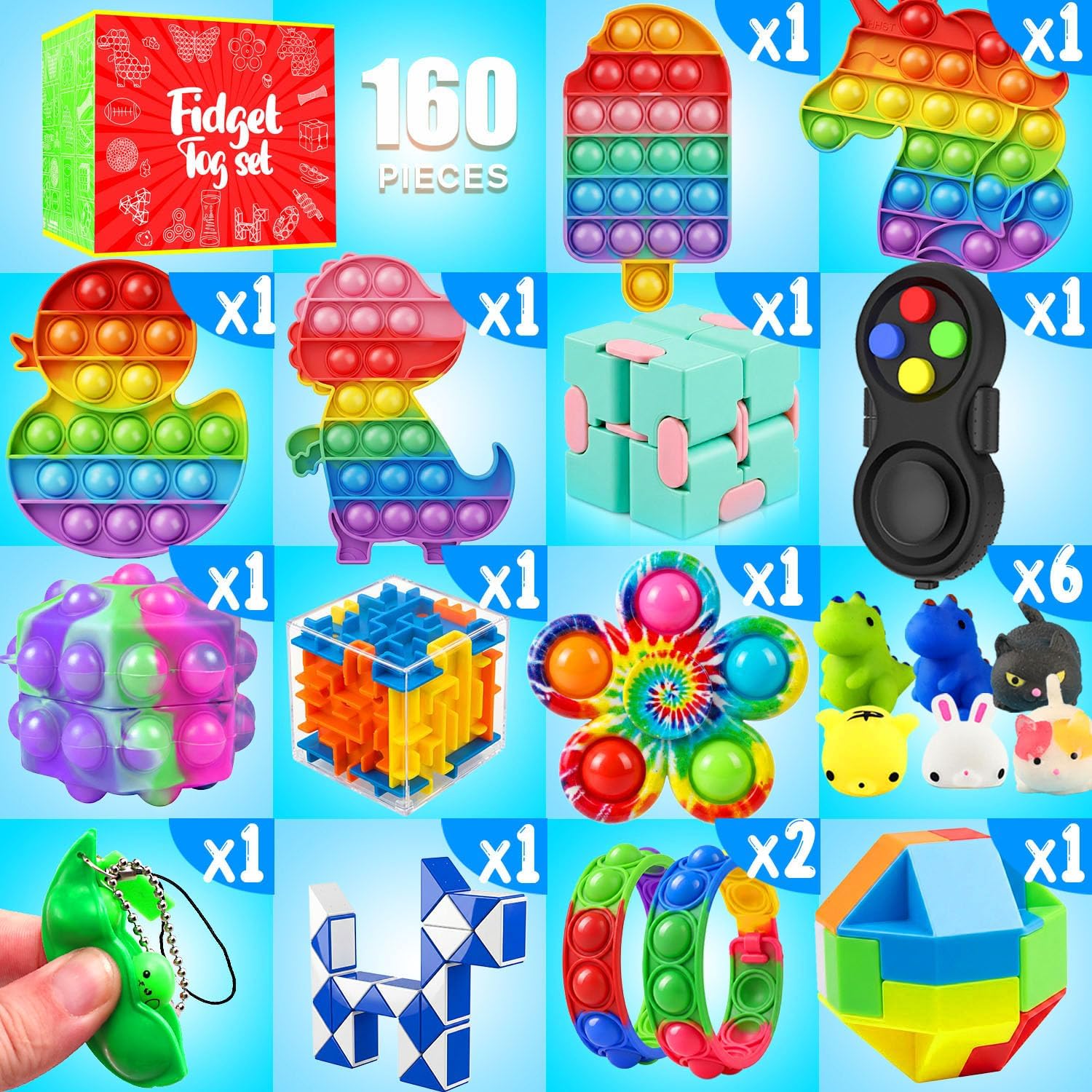 Fidget Toys, 160 Pack Party Favors for Kids 8-12 4-8, Sensory Toys Bulk Autism Autistic, Treasure Box Toys for
