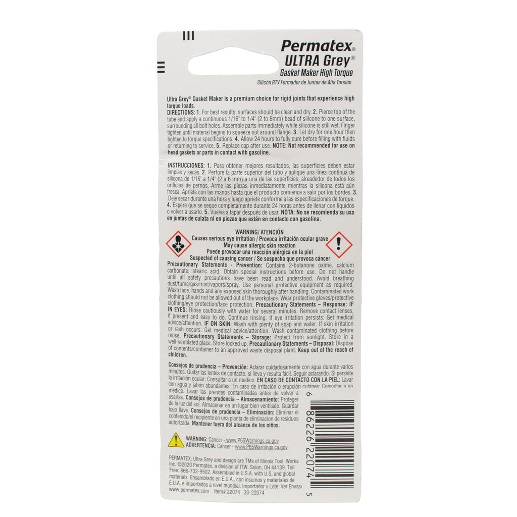 Permatex 22074 Ultra Grey Rigid High-Torque RTV Silicone Gasket Maker, 0.5 oz.