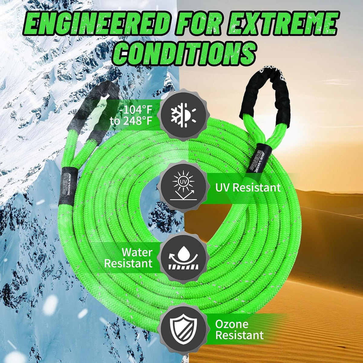 Kinetic Tow Rope with 2 Soft Shackles, 1" x 30', 48,500 LBS Break Strength