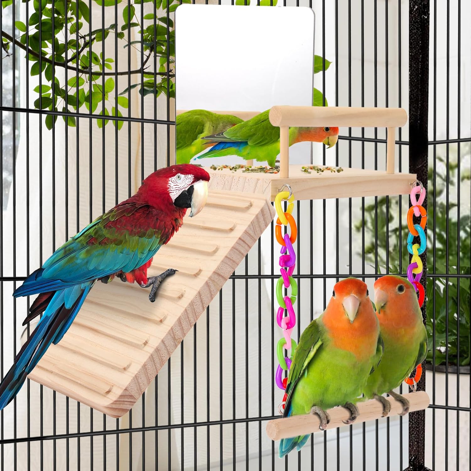 Bird Perch Platform Bird Toys with Bird Mirror Climbing Ladder Swing, Parakeet Cage Accessories - for Cockatiels