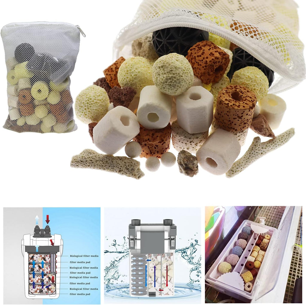 Aquarium Filter Media: 12-in-1 Bio Balls & Ceramic Rings Kit (500g) for Fish Tank or Pond - Includes Zippered Mesh Bag