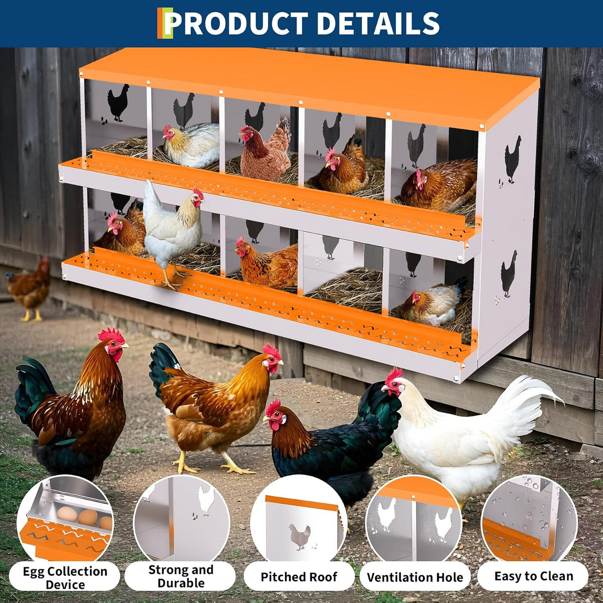 Chicken Nesting Boxes, Galvanized Steel Roll-Away Laying Boxes for Hens