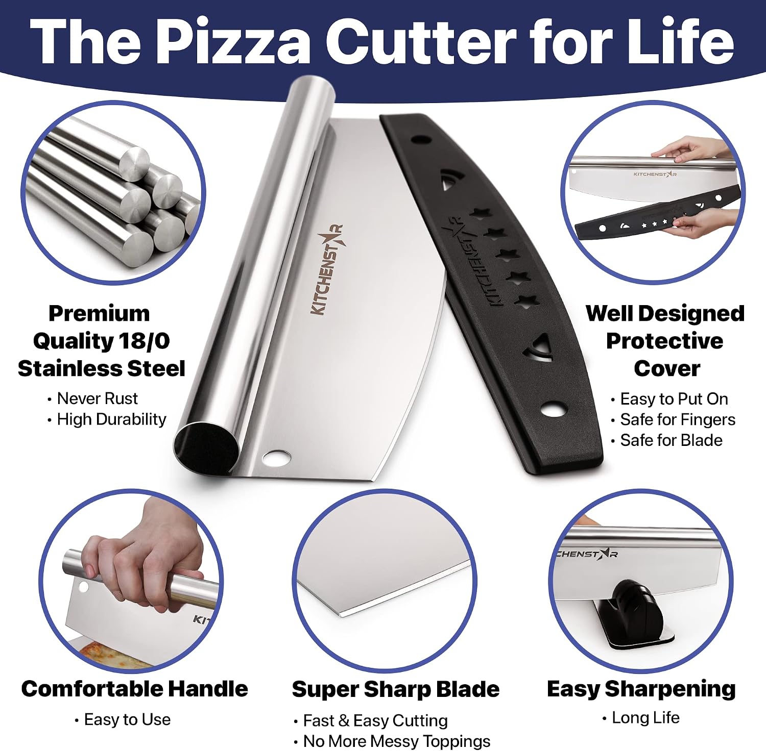 12-Inch Pizza Cutter Rocker Blade, 304 Stainless Steel Slicer Knife, Silver