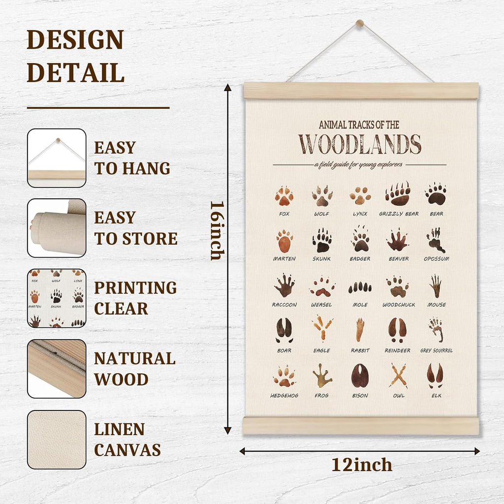 Woodland Tracks Poster Hanger Frame, Canvas Artwork Woodland Nursery, Jungle Nursery Decor, Animal Tracks Field Guide