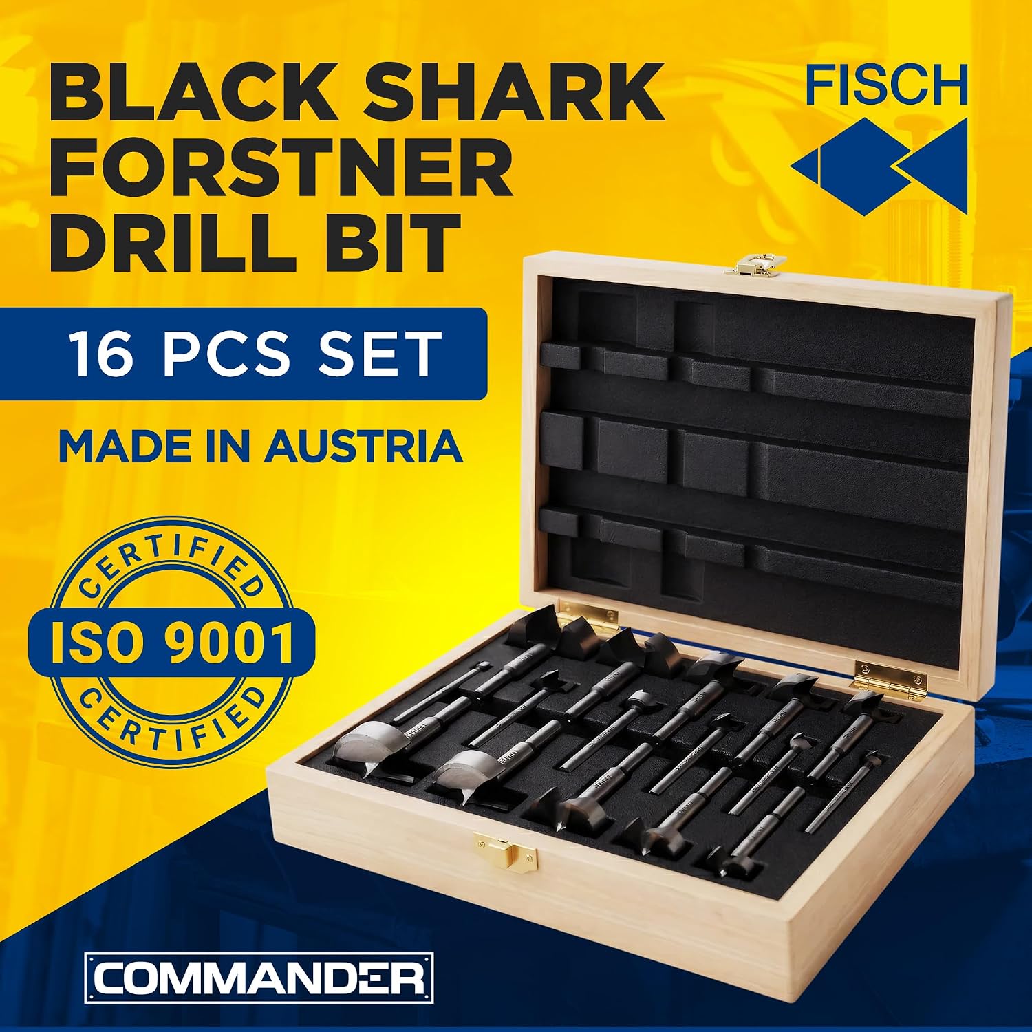 Forstner Bit Set Woodworking Black Shark Forged, 1/4" to 2-1/8", 16-Pcs Box | Forstner Bit Set for Woodworking