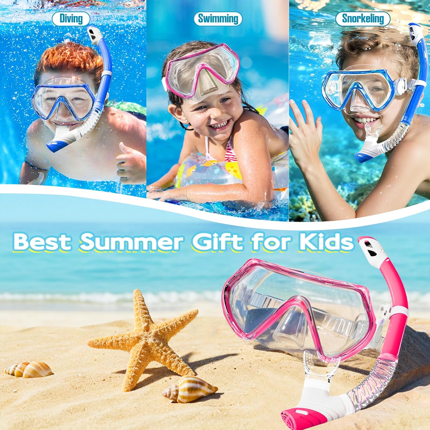2 Sets Kids Snorkeling Gear for Ages 3-14, Anti-Fog 180° Clear View Dry Top Snorkel Set, Swimming Mask with Nose