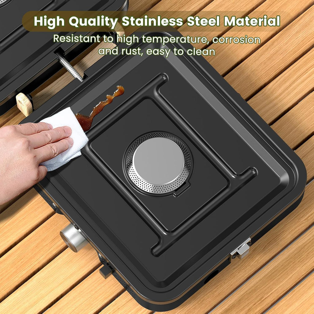 2-Burner Foldable Camping Stove with Griddle (Textured & Smooth) and Carrying Bag, Portable Propane Camp Stove with 2