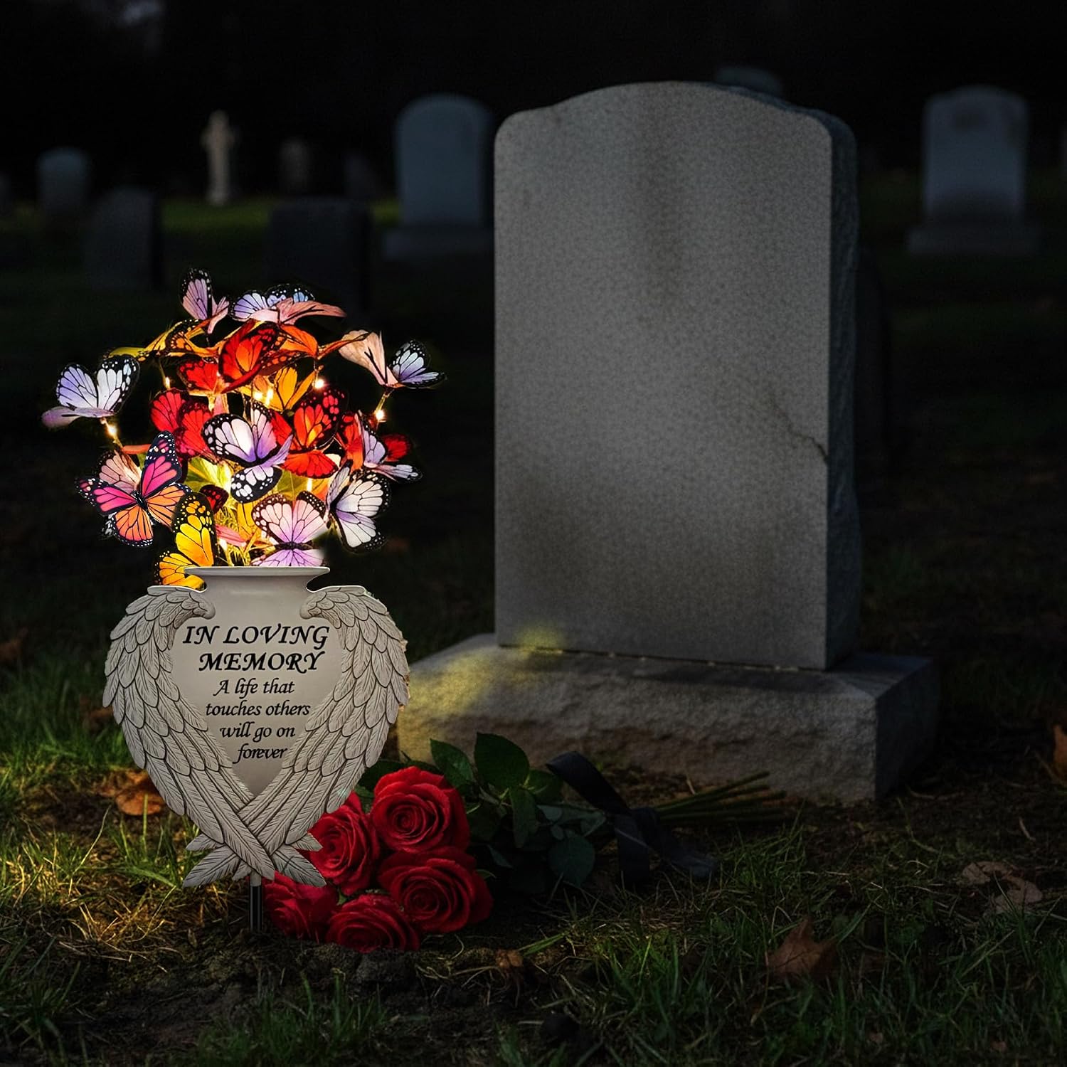 Solar Angel Wing Memorial Stake - Metal Silhouette Grave Decorations for Cemetery - Flat Outdoor Sympathy Gift with