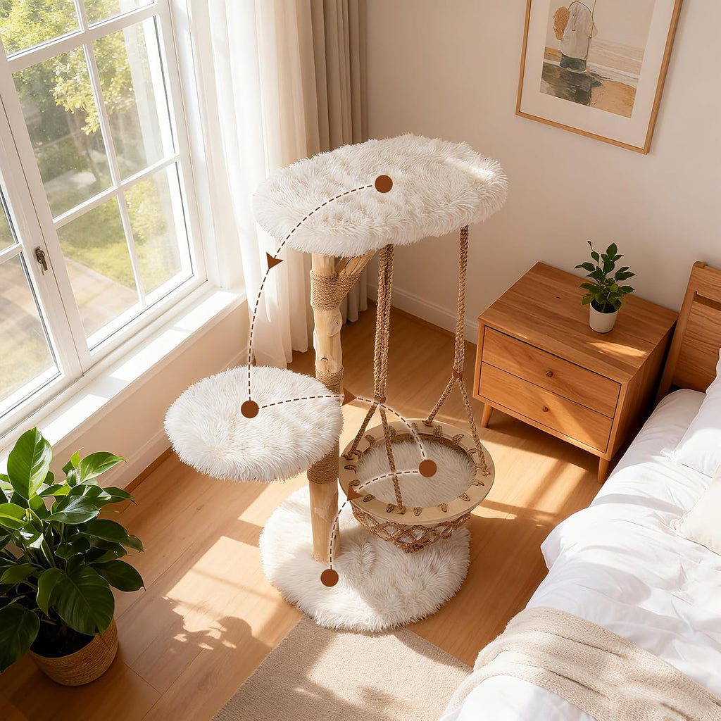 48.5-inch Wood Cat Tree, Multi-Level White Modern Wooden Cat Tower