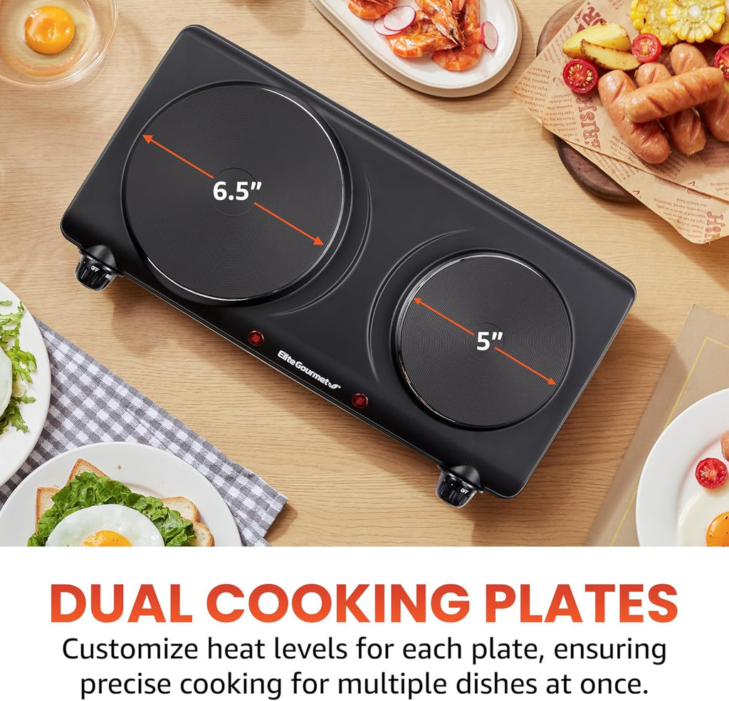 Double Cast Iron Burner, 1500W Hot Plate, Adjustable Temp