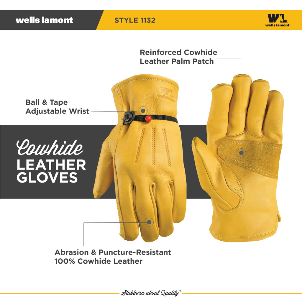 Men's Work Gloves, Grain Cowhide Leather, Ball & Tape, Large