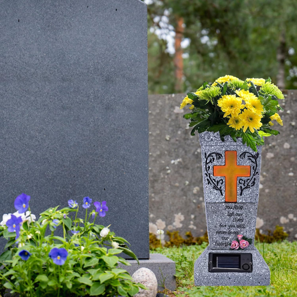 Solar Cemetery Vase with LED for Fresh/Artificial Flowers, Cemetery Flowers Vase with Spikes, Headstone Decorations