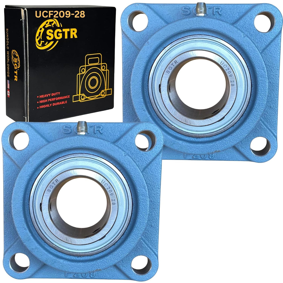 (2 Pack) SGTR Heavy Duty UCF209-28 Square Flange Bearing, 1-3/4 inch Bore, Self-Aligning, Industrial Grade, Chrome Steel and Solid Cast Iron Bearing Units