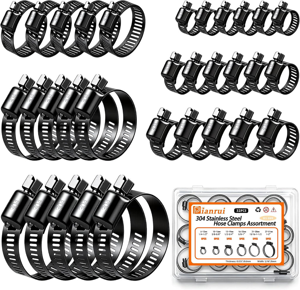 32 PCS Black Hose Clamps Assortment Kit 1/4"–2" (6-51mm) Hose Clamps Stainless Steel 304 Worm Gear Fuel Line Hose
