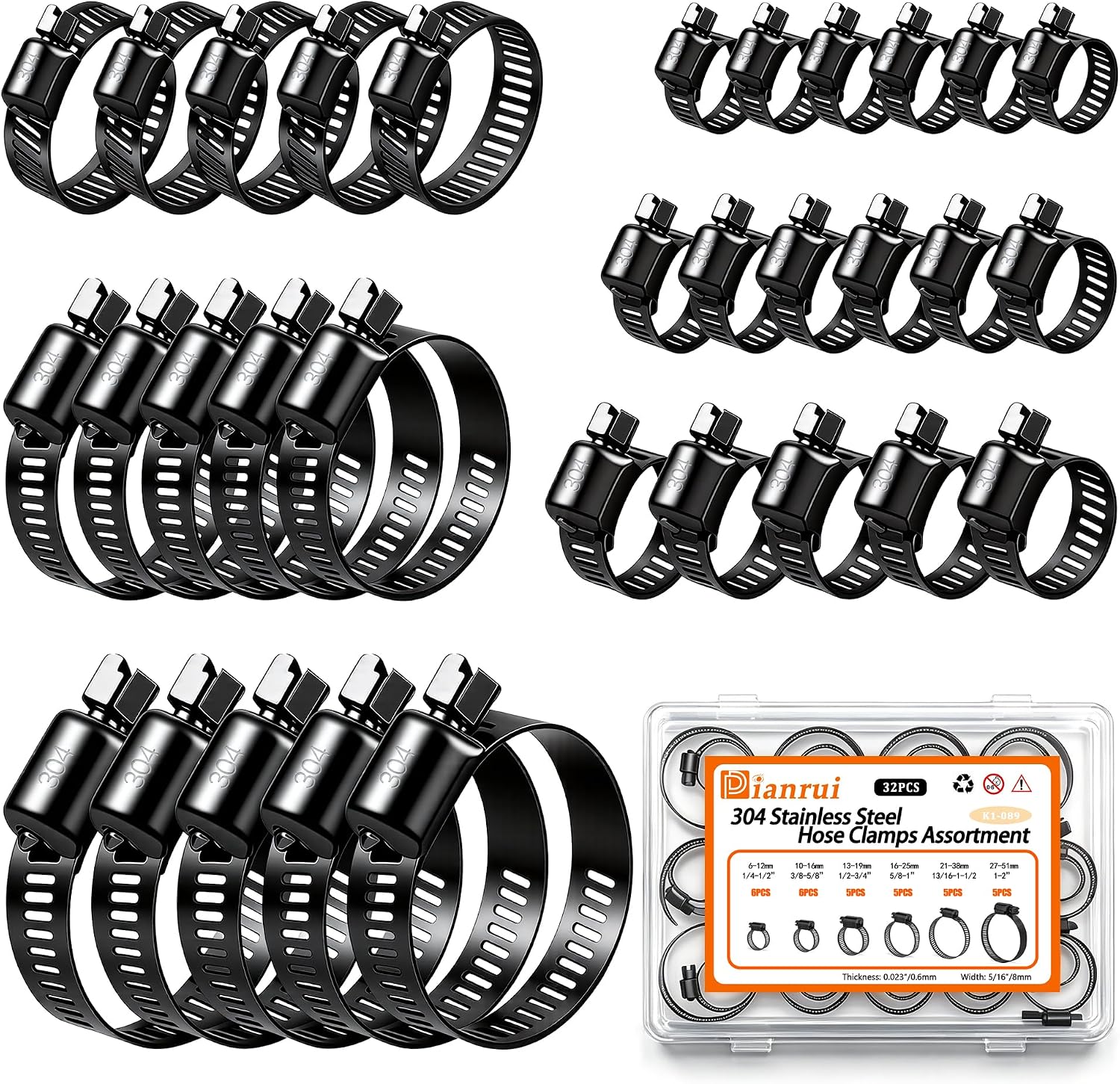 32 PCS Black Hose Clamps Assortment Kit 1/4"–2" (6-51mm) Hose Clamps Stainless Steel 304 Worm Gear Fuel Line Hose