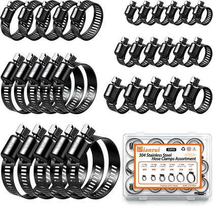 32 PCS Black Hose Clamps Assortment Kit 1/4"–2" (6-51mm) Hose Clamps Stainless Steel 304 Worm Gear Fuel Line Hose