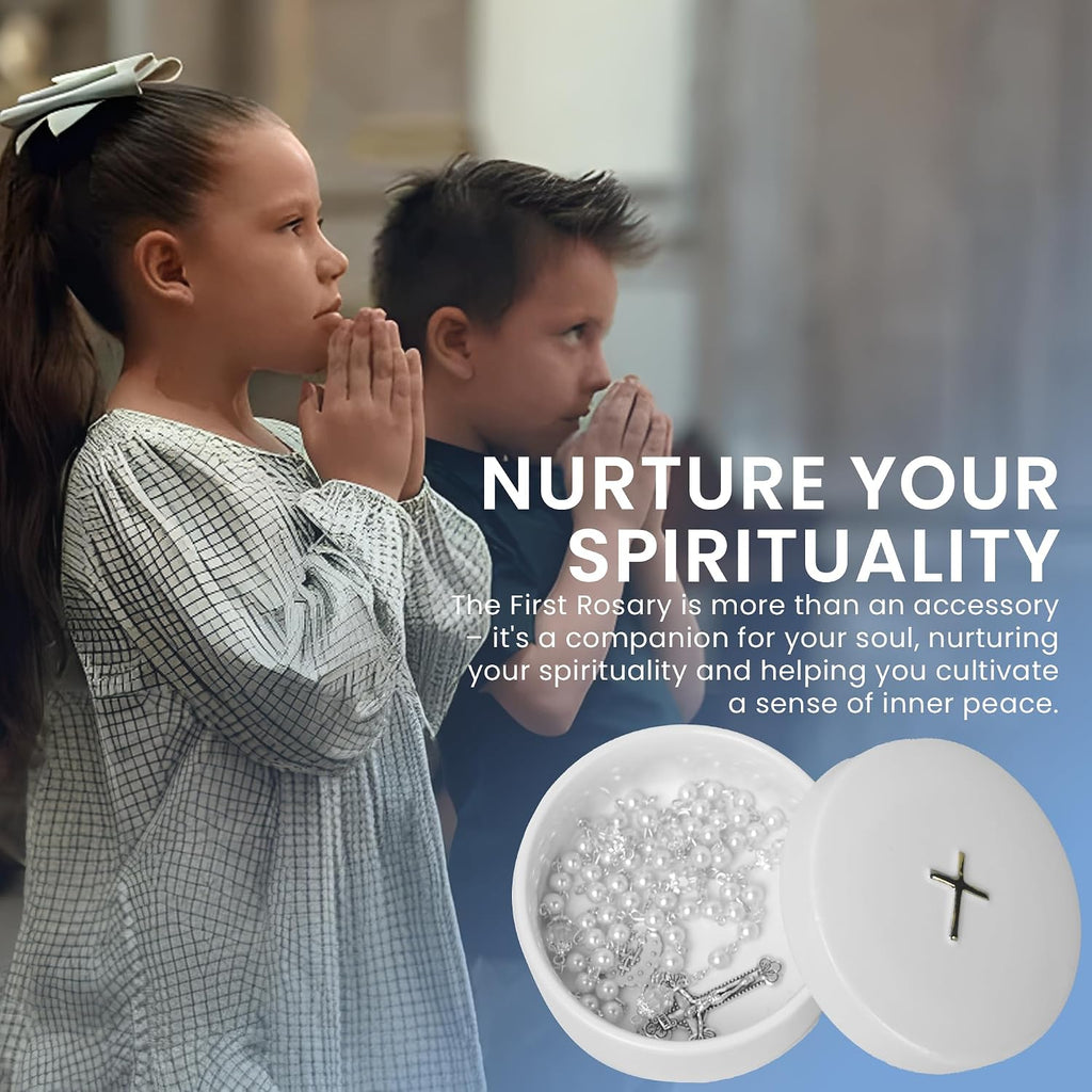 Baptism Gifts for Boys and Girls – White Rosary with Ceramic Keepsake Box and Card