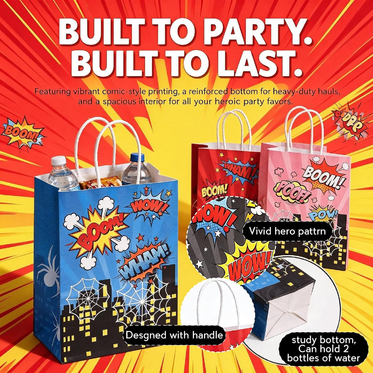 24Pcs Spider Party Paper Gift Bags, 6 Comic Designs with Handles