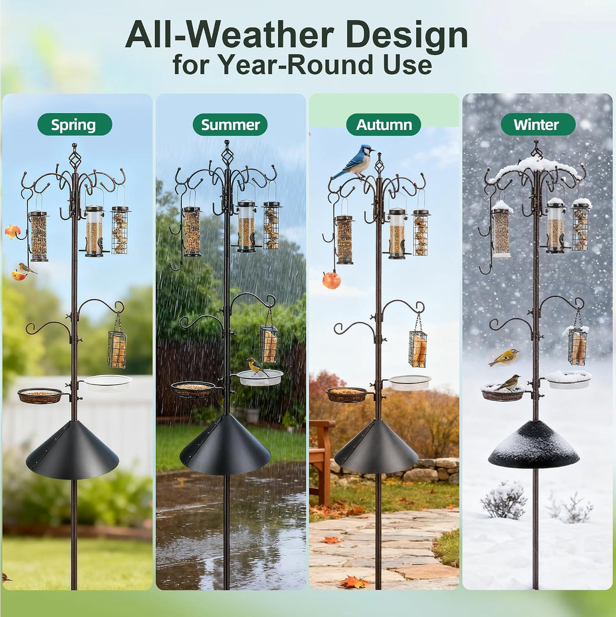 Bird Feeding Station Kit with Squirrel Baffle Bird Feeder Pole with Suet Cage Mesh Tray Fruit Hook Double W Hook for