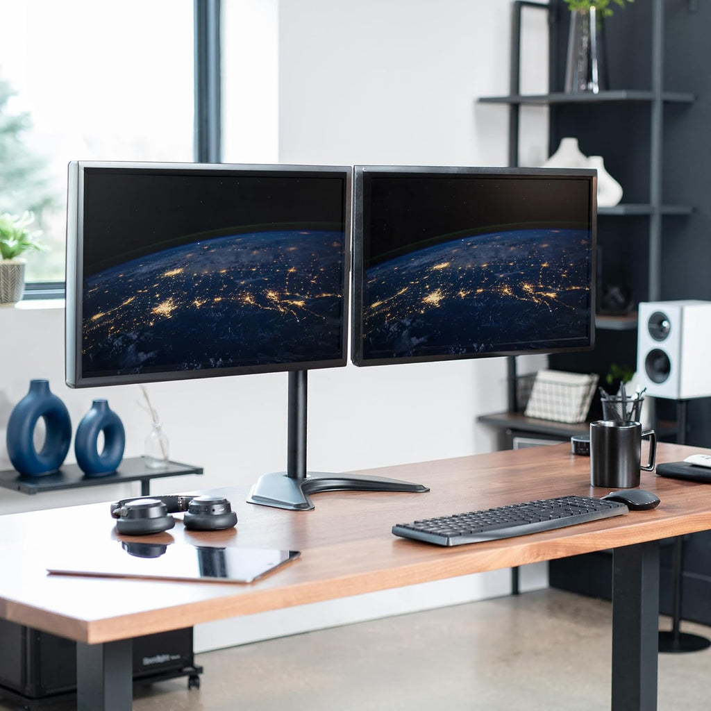 STAND-V002F Dual LED LCD Monitor Free-Standing Desk Stand for 2 Screens up to 27 Inch Heavy-Duty Fully Adjustable