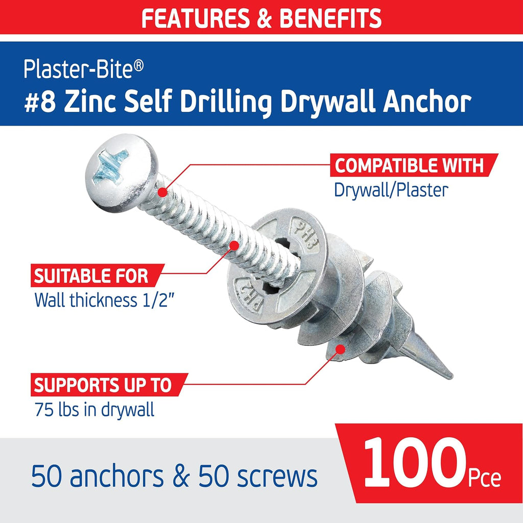 Self-Drilling Drywall Anchors Metal with Screws (50 Anchors & 50 Screws) – Heavy Duty Zinc Plaster & Hollow Wall
