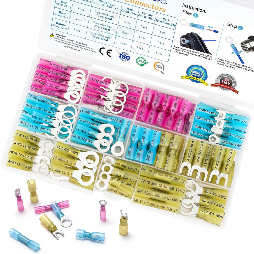 120Pcs Heat Shrink Wire Connectors, Waterproof Automotive Marine Electrical Terminals Kit, Crimp Connector
