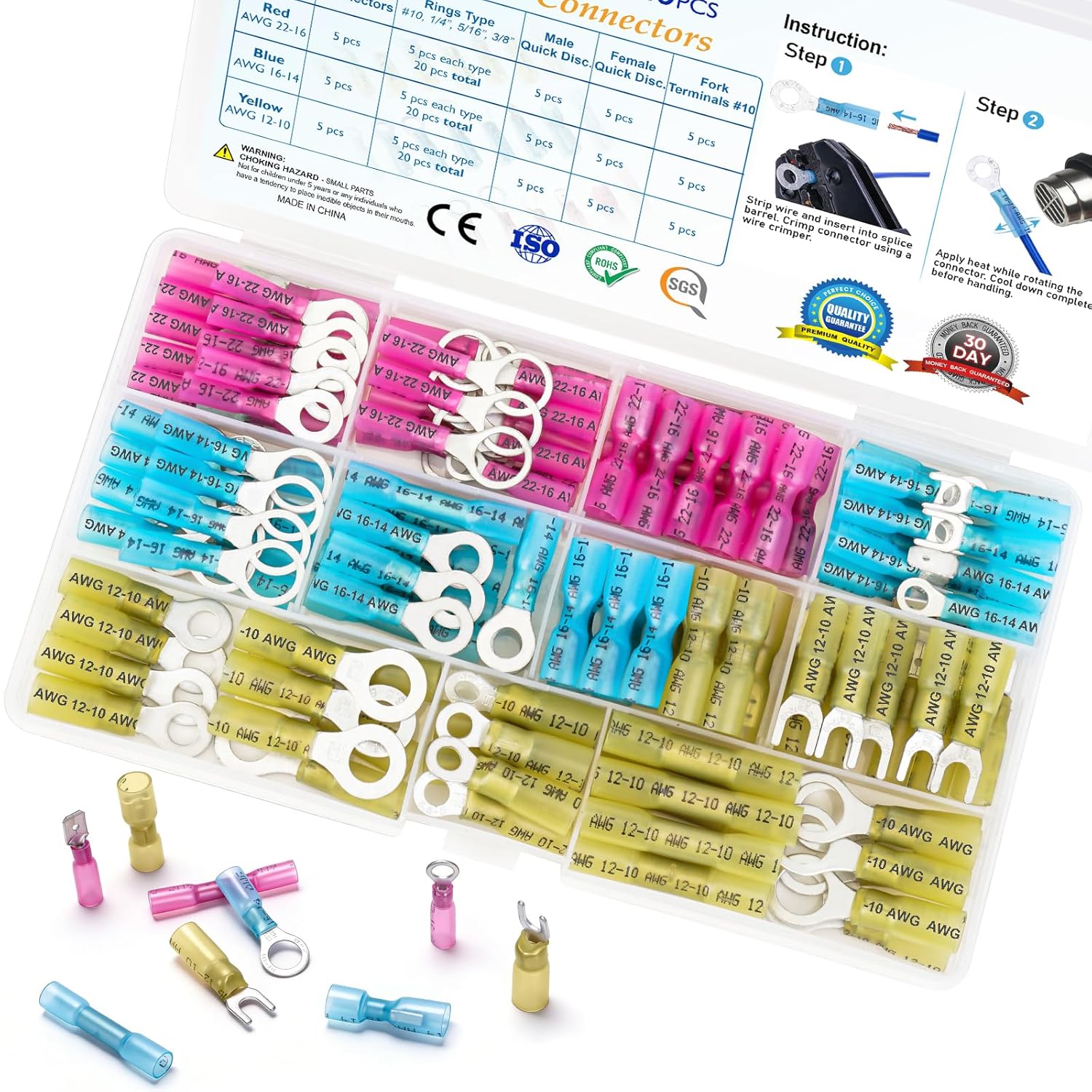 120Pcs Heat Shrink Wire Connectors, Waterproof Automotive Marine Electrical Terminals Kit, Crimp Connector