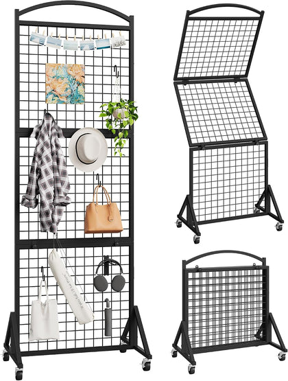 Foldable Grid Wall Panel 1.9' x 5.6' FT, Movable Gridwall Display Rack, Wire Grid Rack on Wheels, Retail Display