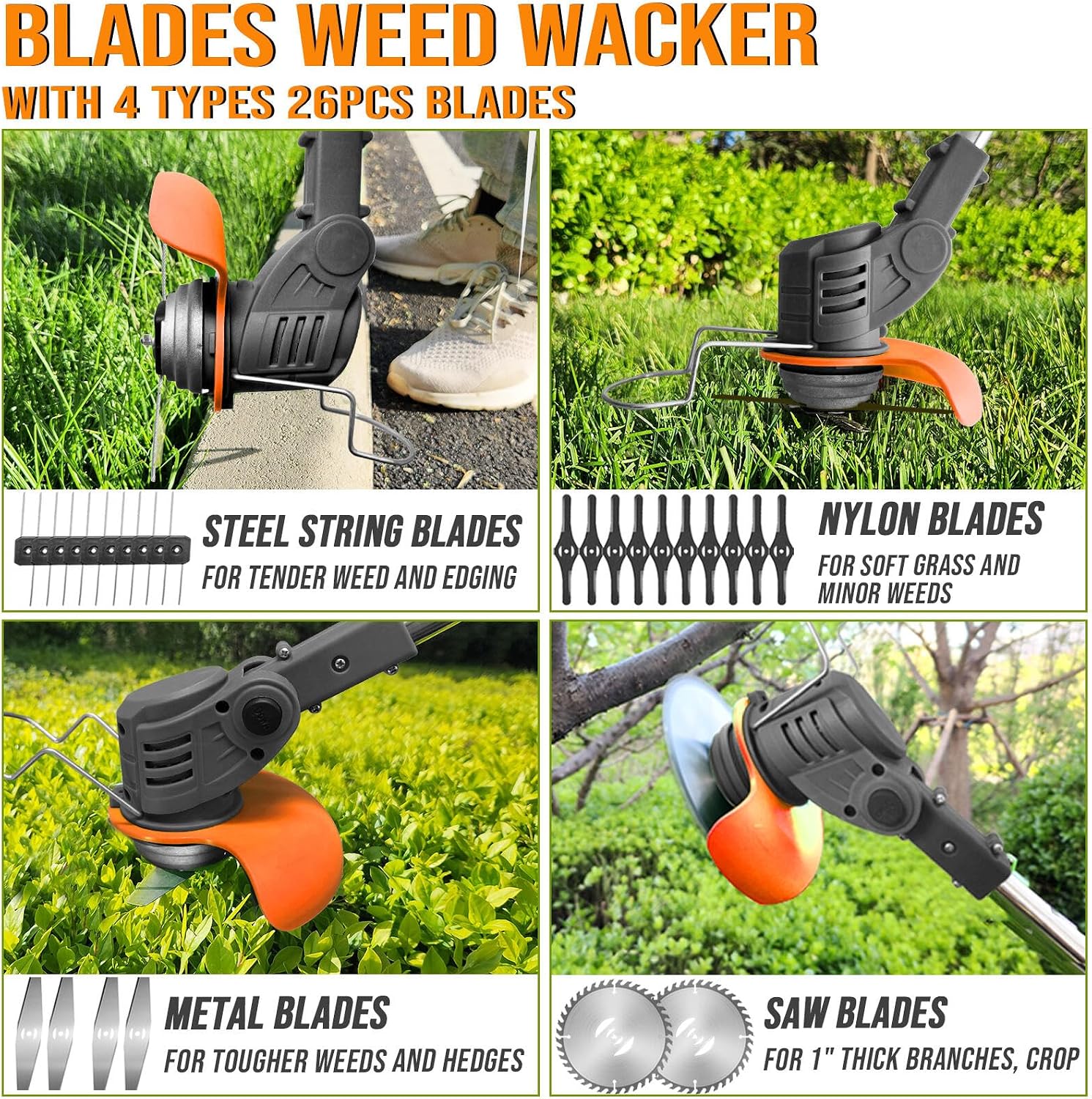 Cordless Weed Wacker with 2 Batteries & Charger, 26 Metal/Plastic Blades | Electric Grass Trimmer, Lightweight