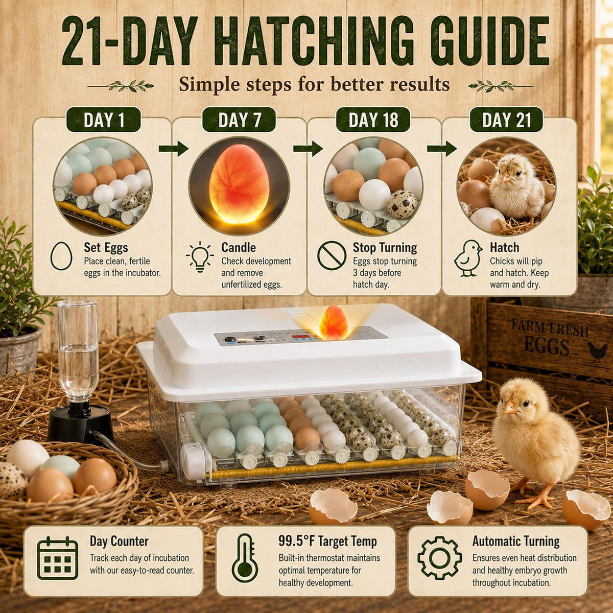 Egg Incubator for Chicken for 36, 5 Incubation Modes, Temperature Control, Auto Egg Turning, Dual Power Supply