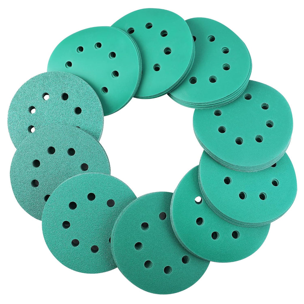 Sanding Discs Set, 5-Inch 8-Hole Hook and Loop, 150 Pack, Green | Includes 10 Grit Options from 60-600 for Random