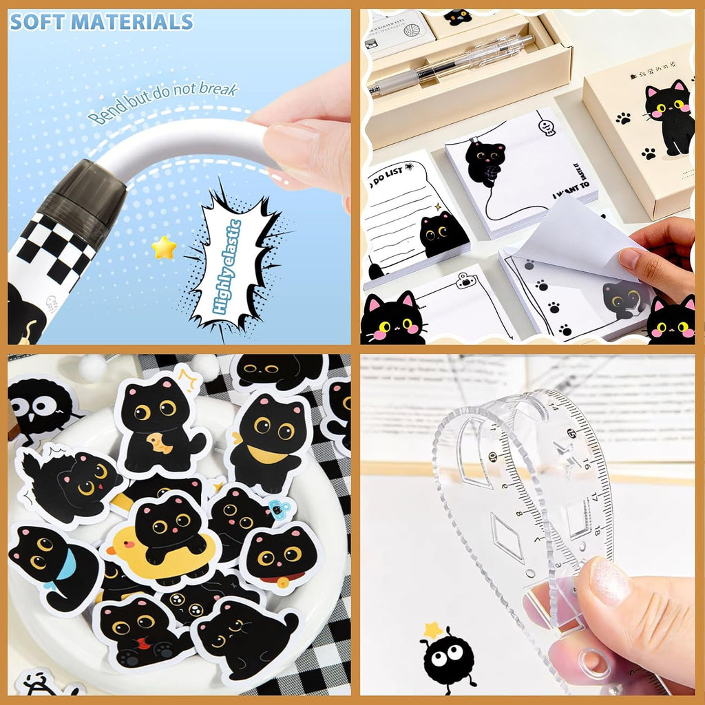 Black Cute Cat Stationery Set,School Supplies with Sticky Notes,Pencils | Kawaii Cat Design Includes