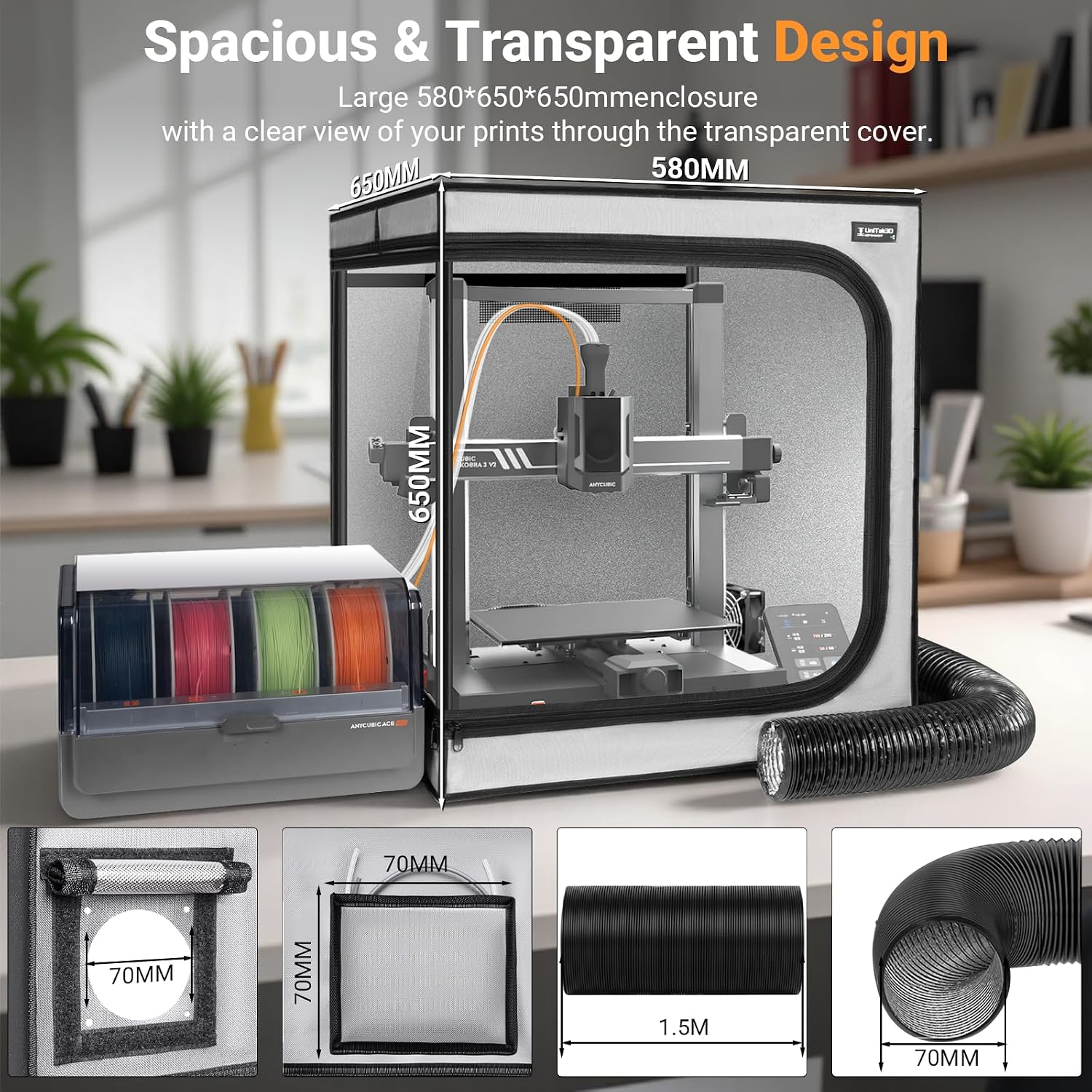 3D Printer Enclosure with Ventilation Kit for Anycubic Kobra 3/3 V2 Combo/Flashforge AD5X 3D Printers,Fireproof &