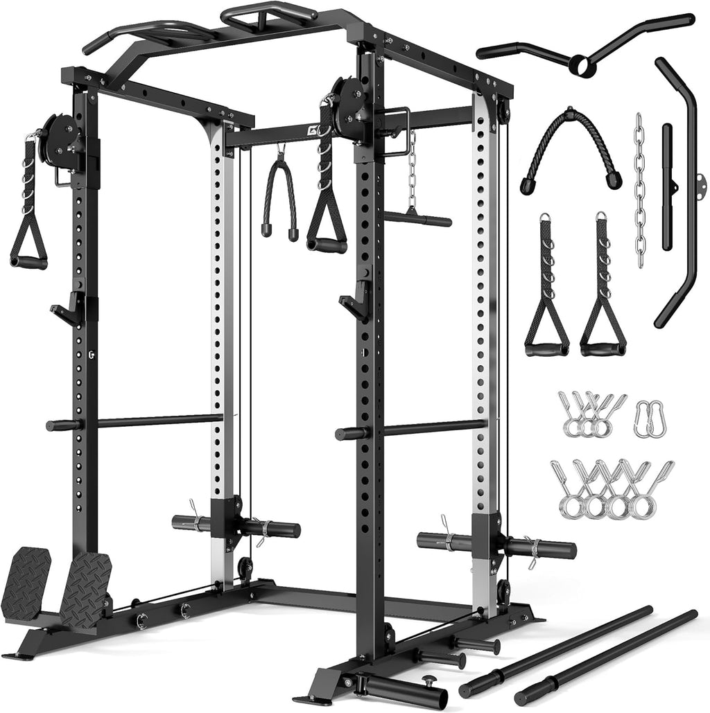 DP01 Power Cage, 2000LBS Squat Rack with Cable Crossover and Dual Independent Pulley System, Full Cage for Full Body