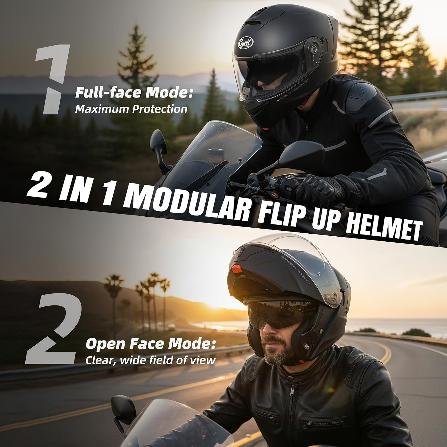 Modular Motorcycle Helmet DOT Approved, Flip Up Full Face for Adults | Intercom ready, eyewear friendly with 3 visors