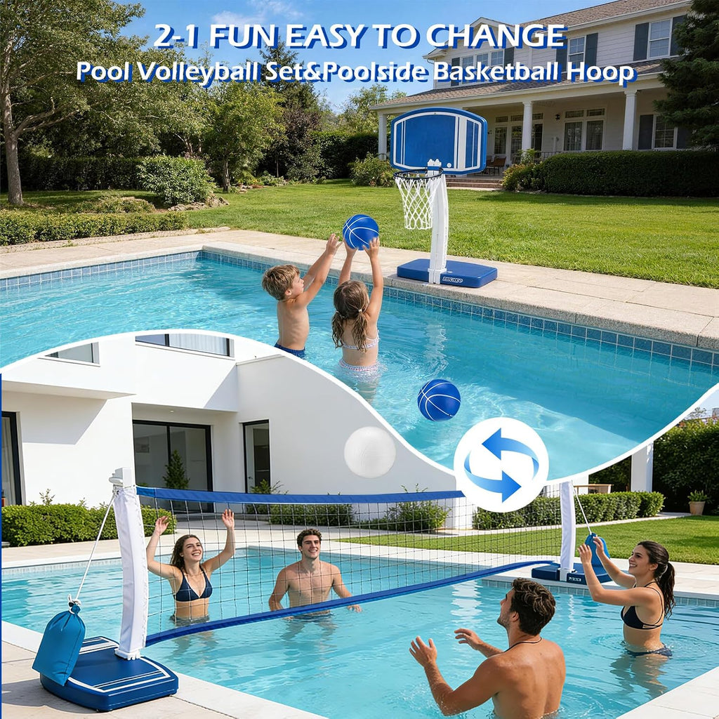 2 in 1 Pool Basketball Hoop and Volleyball Net Above Ground | Swimming Pool Toys for 3-12 Years Old Kids Poolside