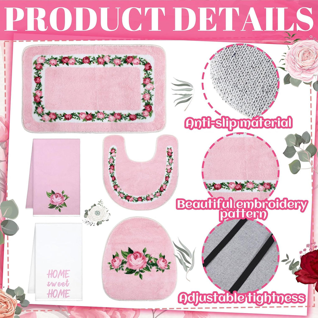 6 Pcs Pink Rose Bathroom Rugs Set with Rose Hand Towels Non Slip U-Shaped Toilet Rug Water Absorption Bath Mat for